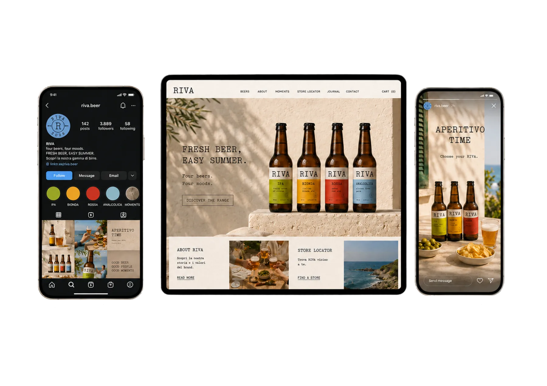 Riva website, Instagram profile and story mockups