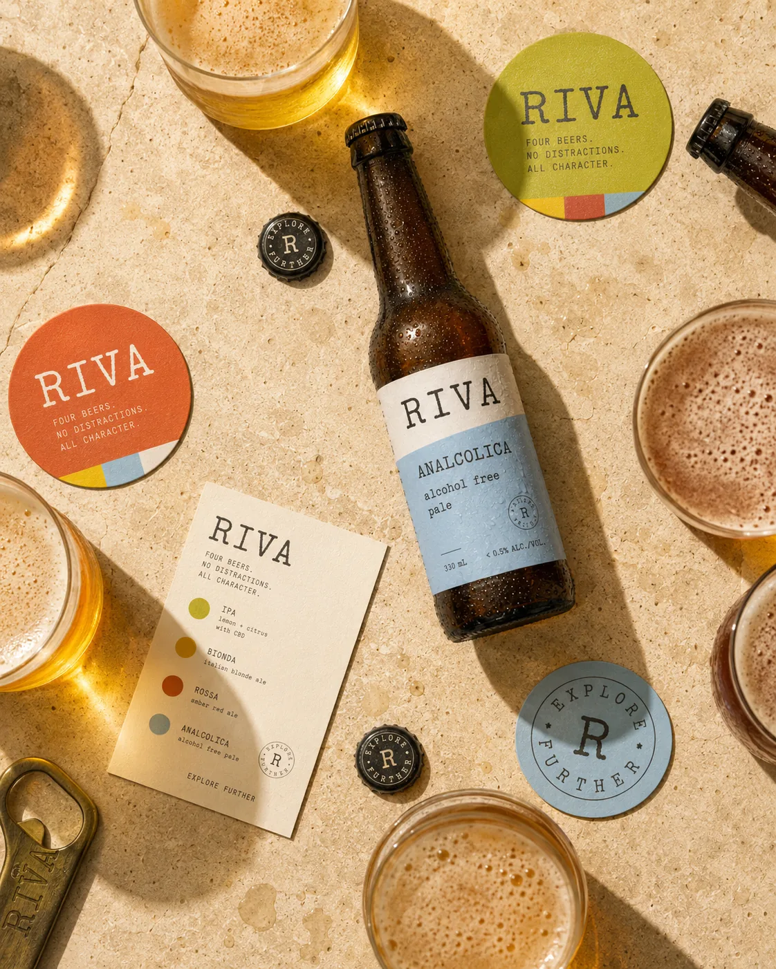 A warm overhead arrangement of beer glasses