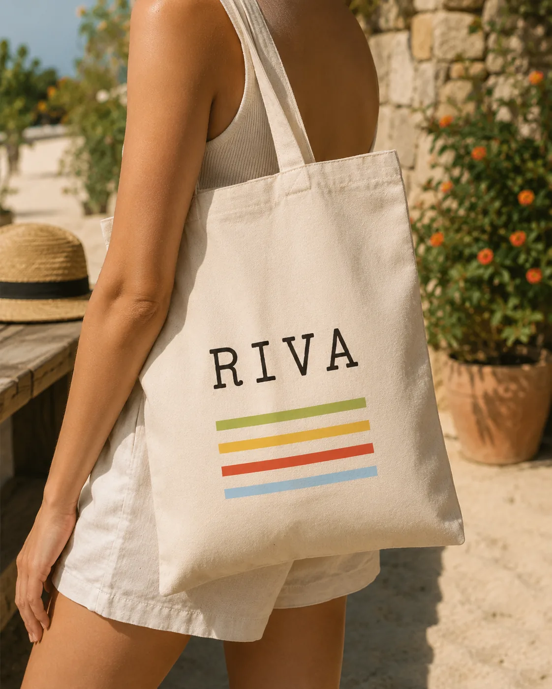 Riva branded tote bag in a Mediterranean setting