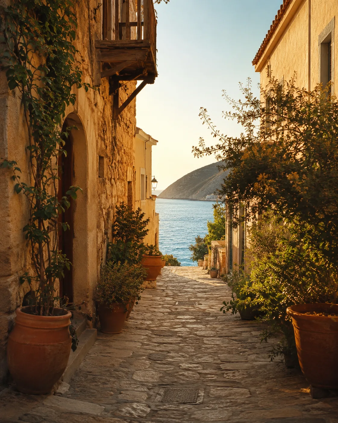 Sunlit Mediterranean street leading toward the sea