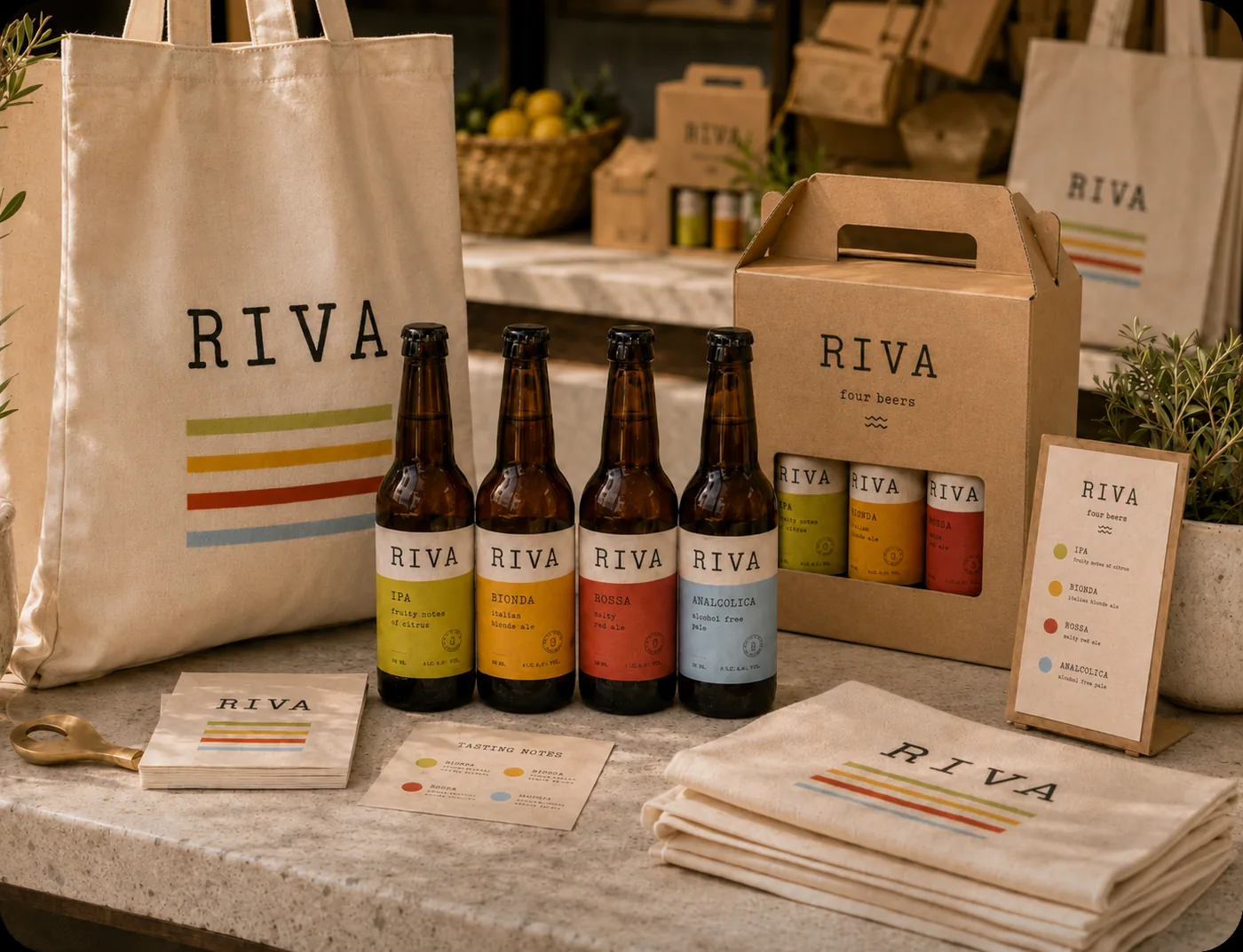 Riva products and tote bags arranged in a Mediterranean store