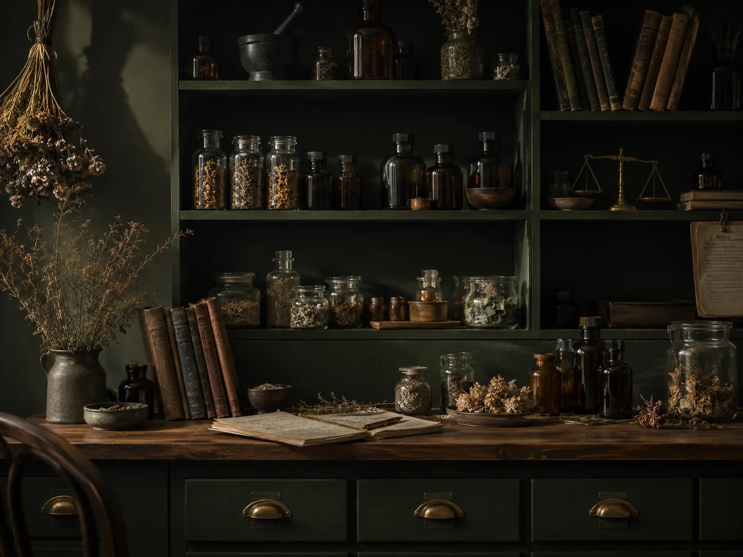 Dark botanical apothecary interior