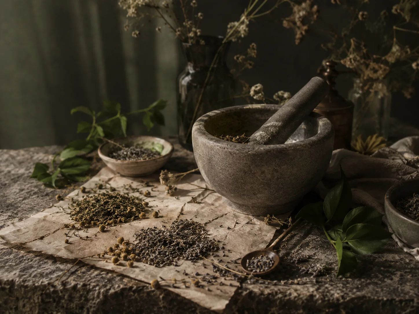 Botanical ingredients and stone mortar