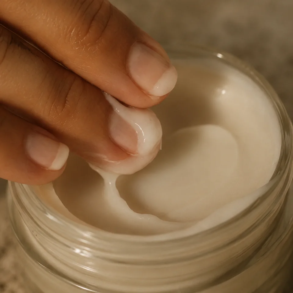 Verdalia cream texture applied by hand from a glass jar